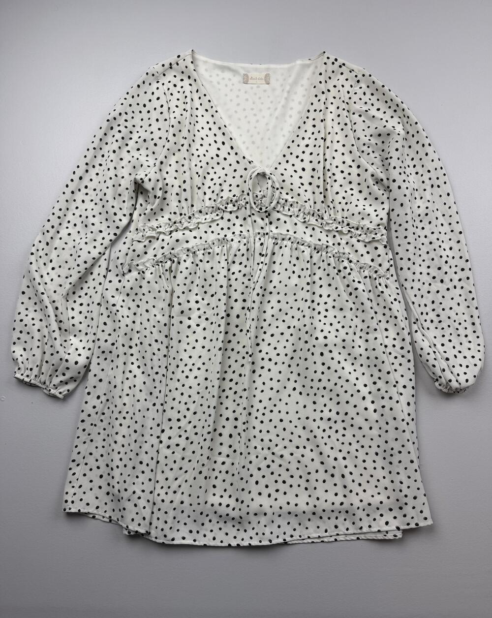 Altar'd State Dress Womens Large White Polka Dot V Neck Ruffle A-Line Short